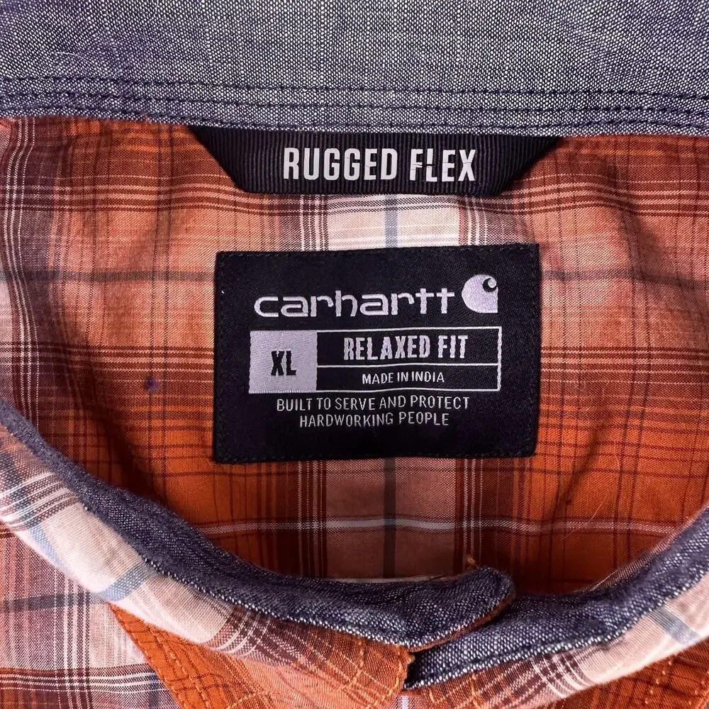 Carhartt Men’s‎ XL Pearl Snap Orange Plaid Relaxed Fit Rugged Flex